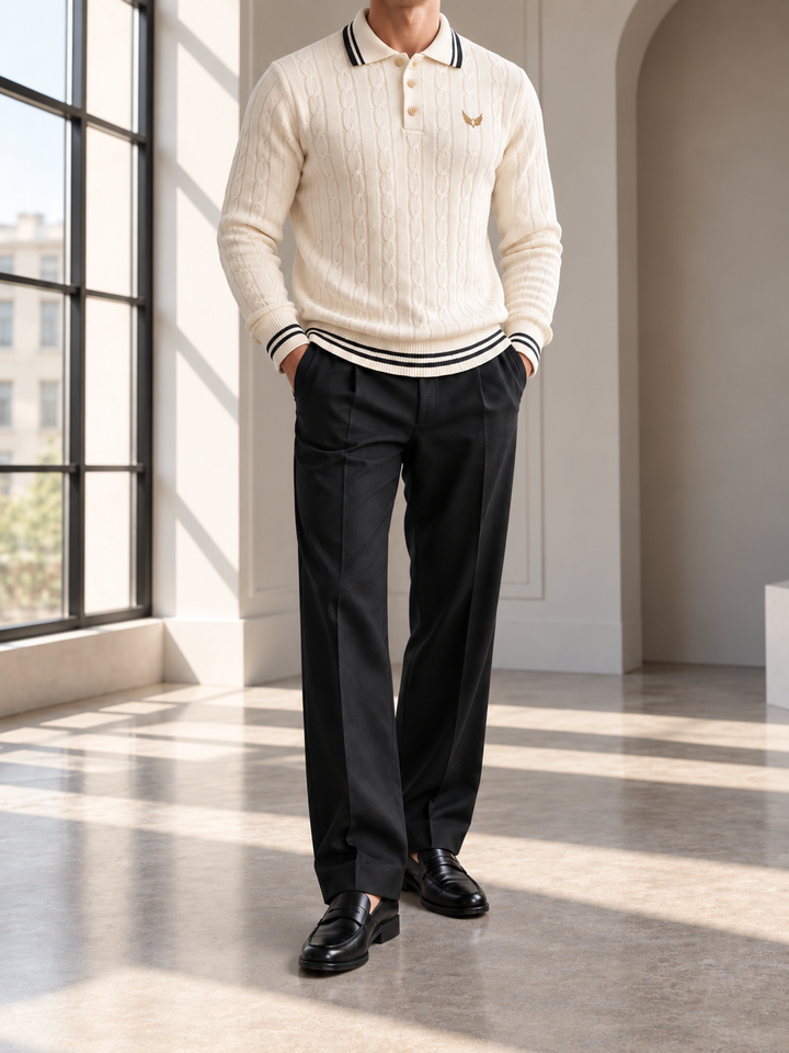 Pull Homme Col Polo Maille Torsadée Avec Liseré Contrastant