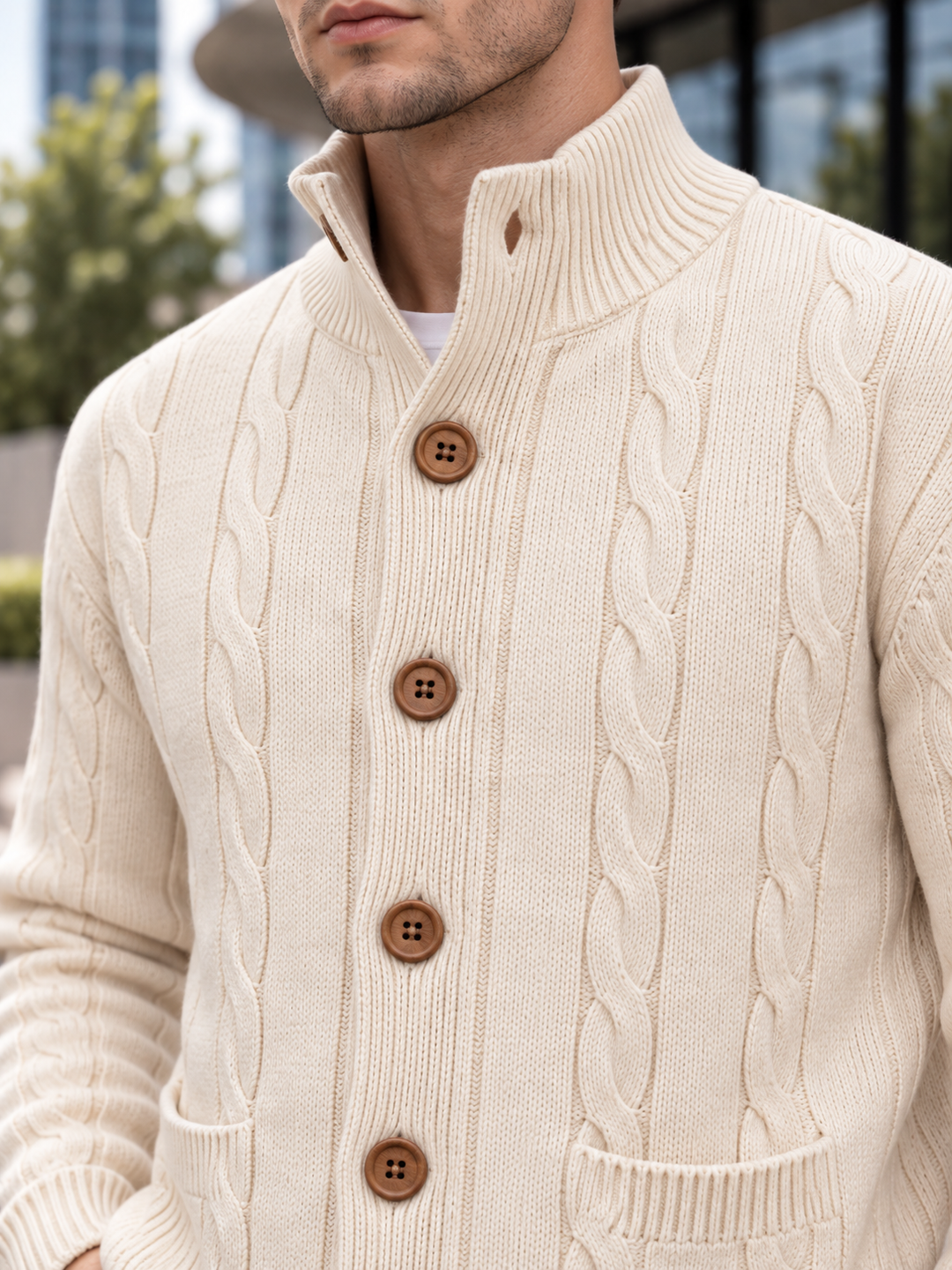 Cardigan Homme Maille Torsadée Boutonné Avec Petit Col Montant