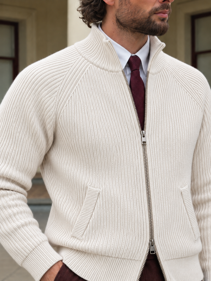 Cardigan Homme Maille Zip Intégral Col Montant Et Bords Côtelés