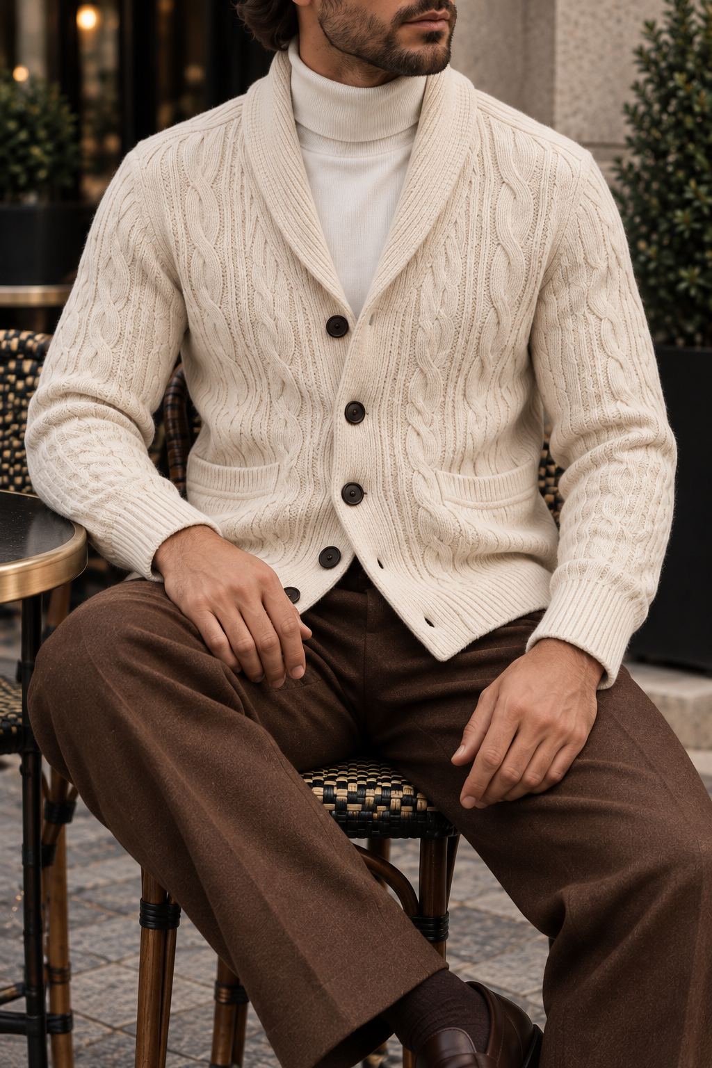 Men's cable-knit shawl-collar cardigan