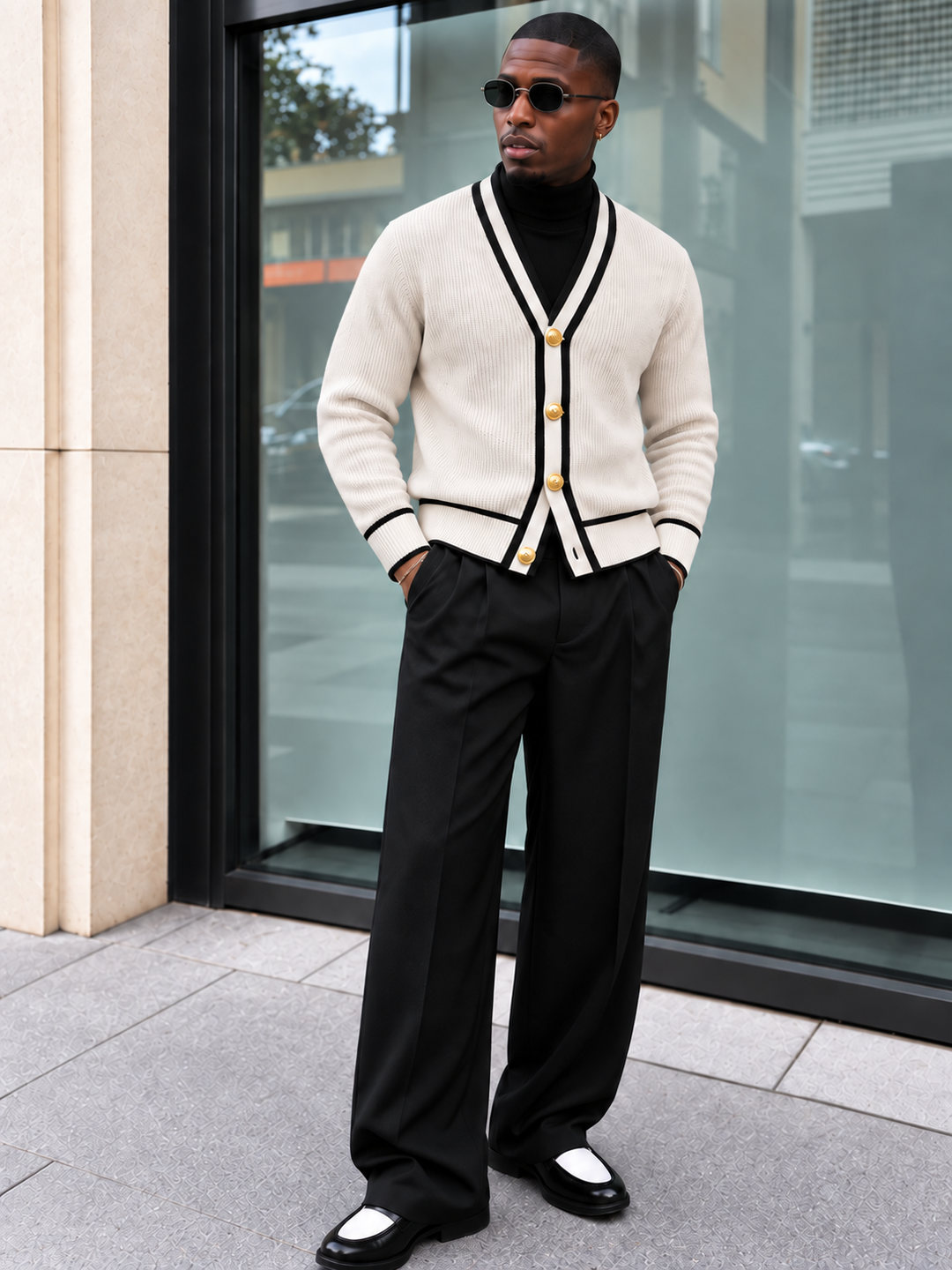 Cardigan Homme Col V Côtelé Avec Bordure Contrastante Et Boutons Dorés