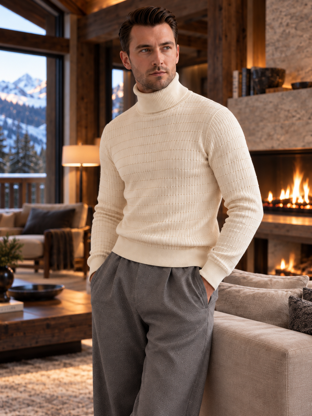 Pull Col Roulé Homme Côtes Verticales En Maille