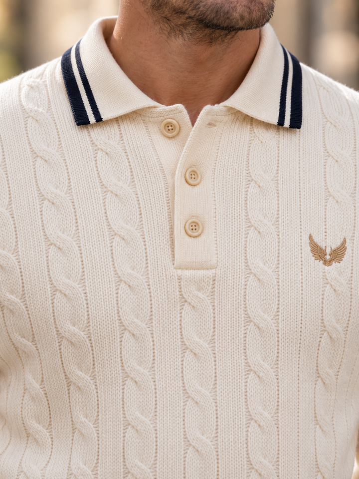 Pull Homme Col Polo Maille Torsadée Avec Liseré Contrastant