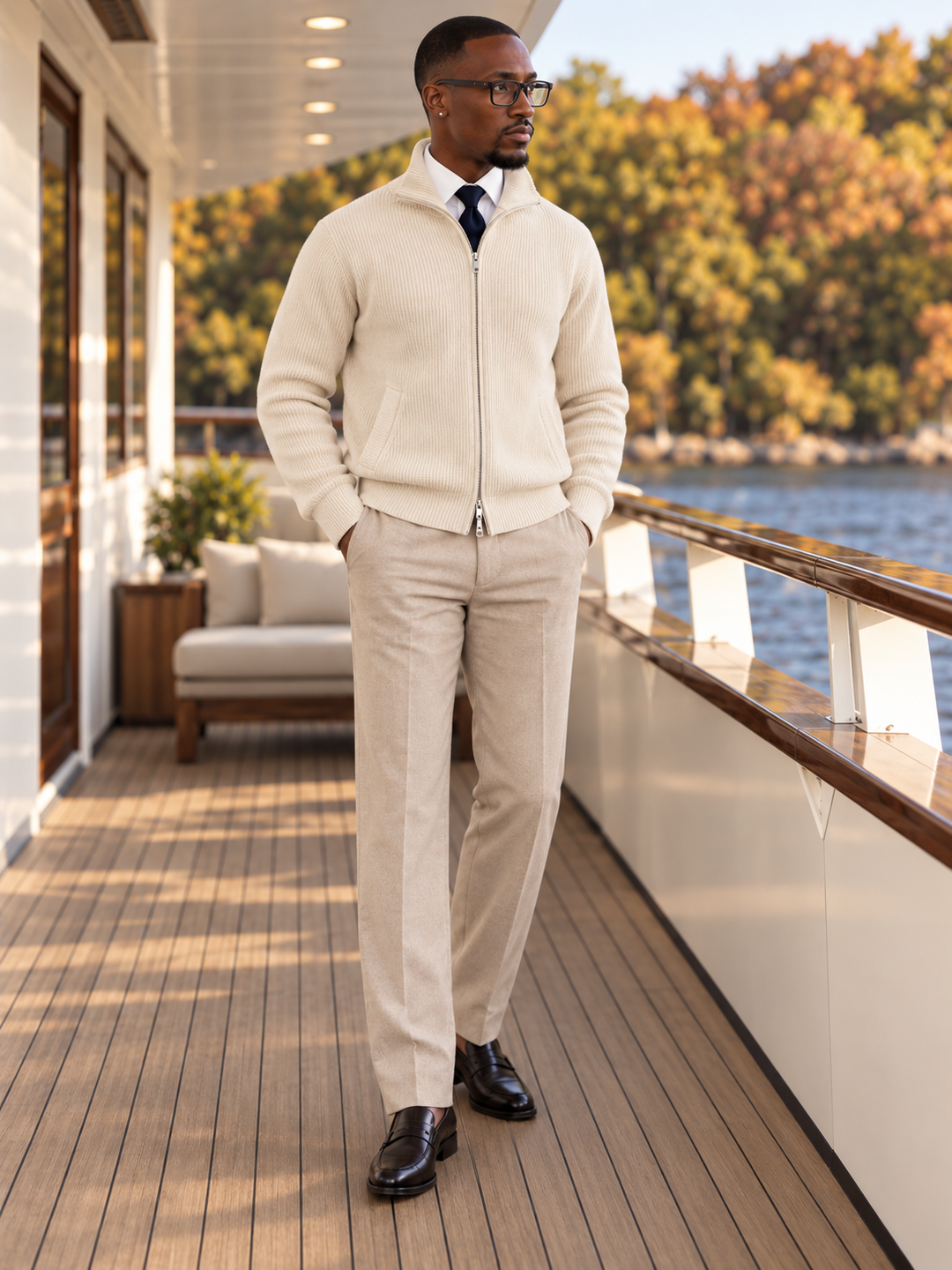 Maglione da uomo in maglia fine con zip integrale, collo rialzato e bordi a coste