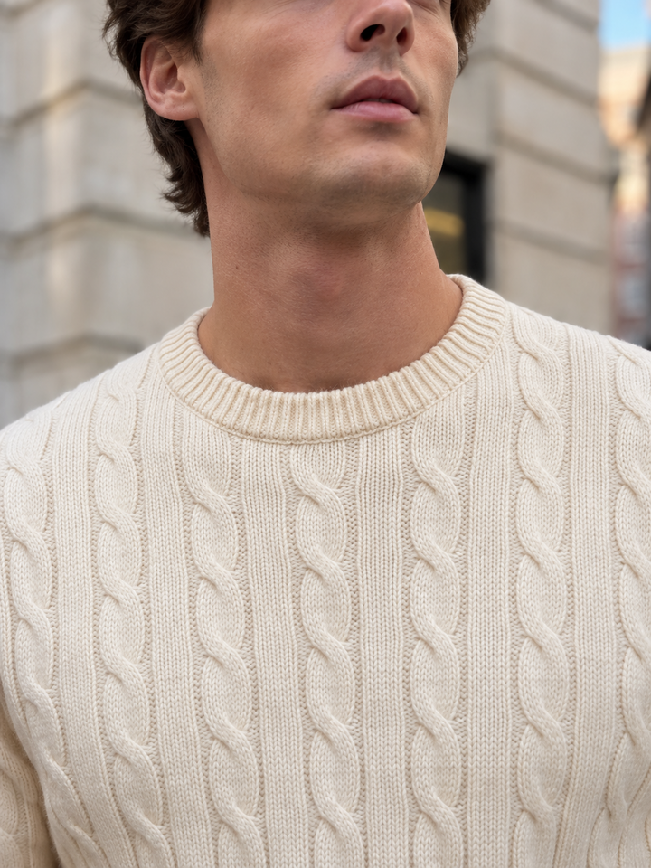 Maglione da uomo in maglia a trecce con girocollo e bordi a coste