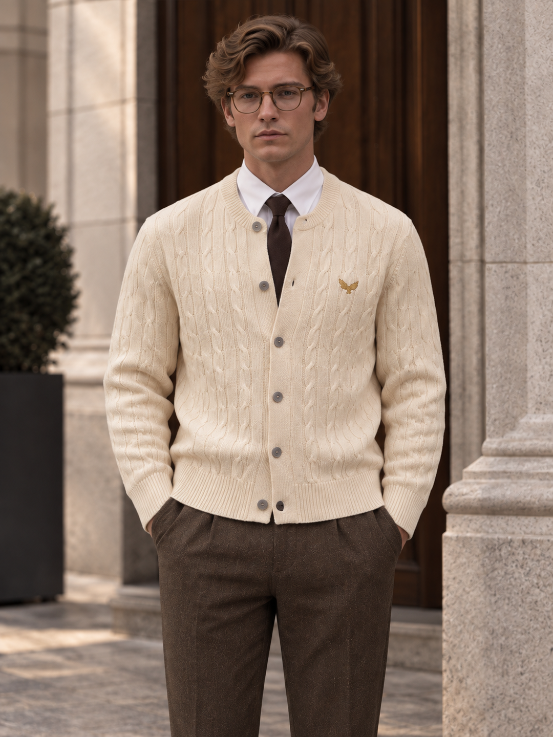 Cardigan da uomo abbottonato in maglia intrecciata