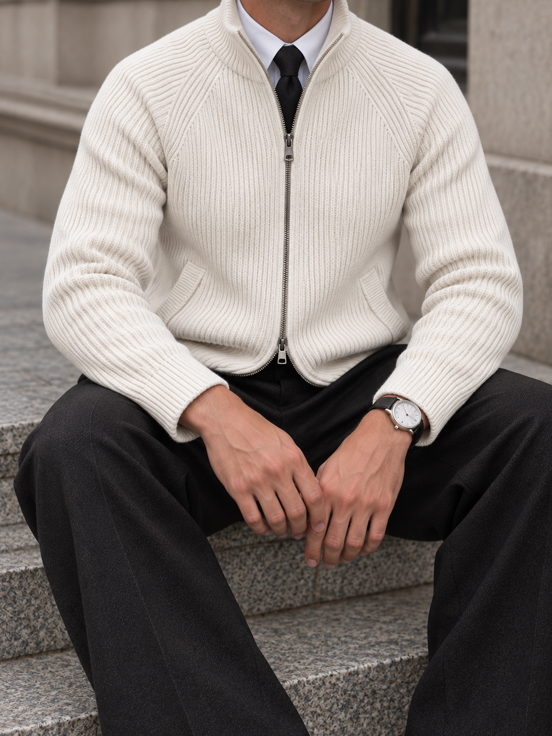 Cardigan Homme Maille Zip Intégral Col Montant Et Bords Côtelés
