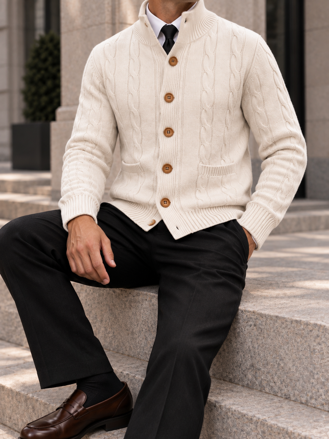 Cardigan Homme Maille Torsadée Boutonné Avec Petit Col Montant