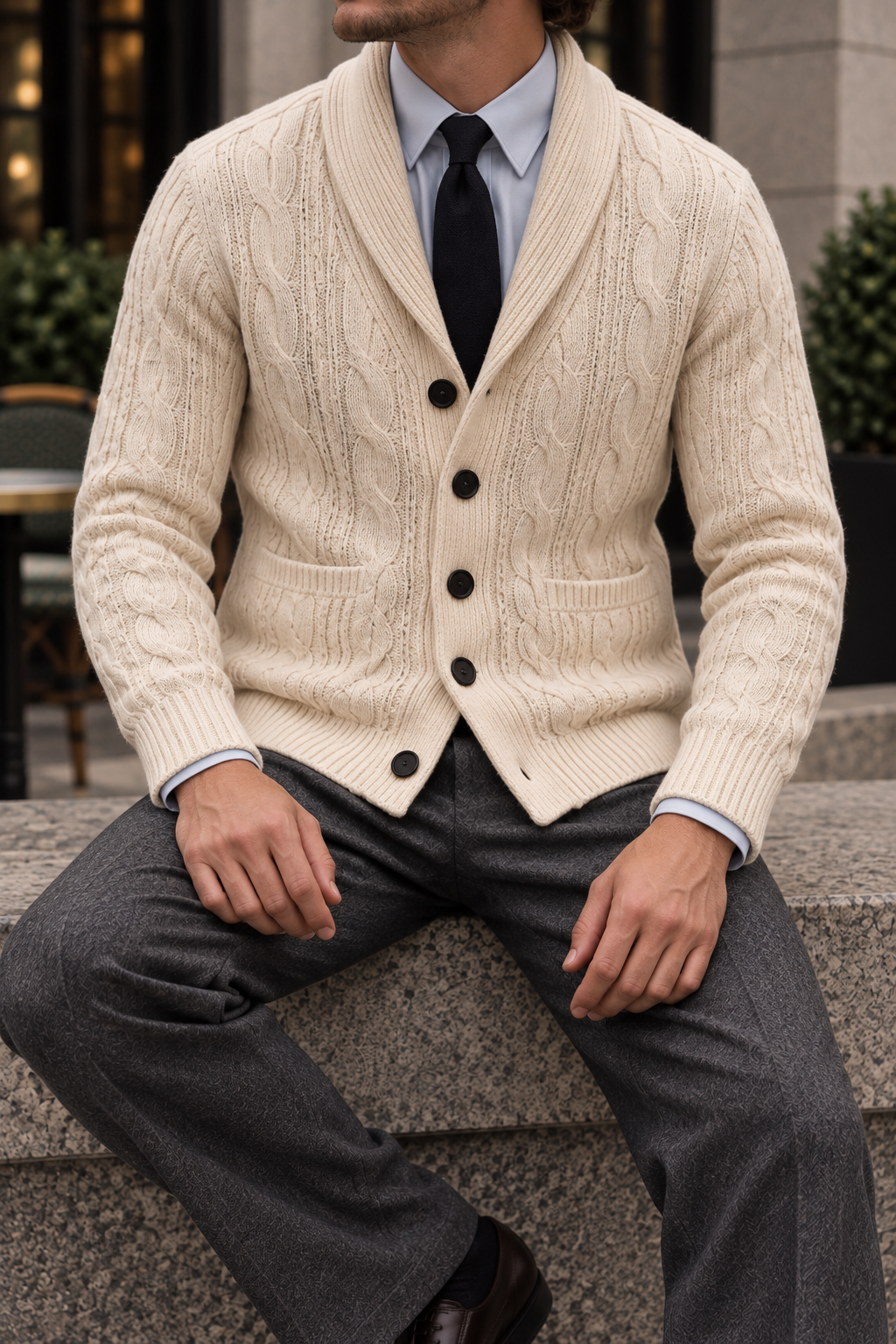 Men's cable-knit shawl-collar cardigan