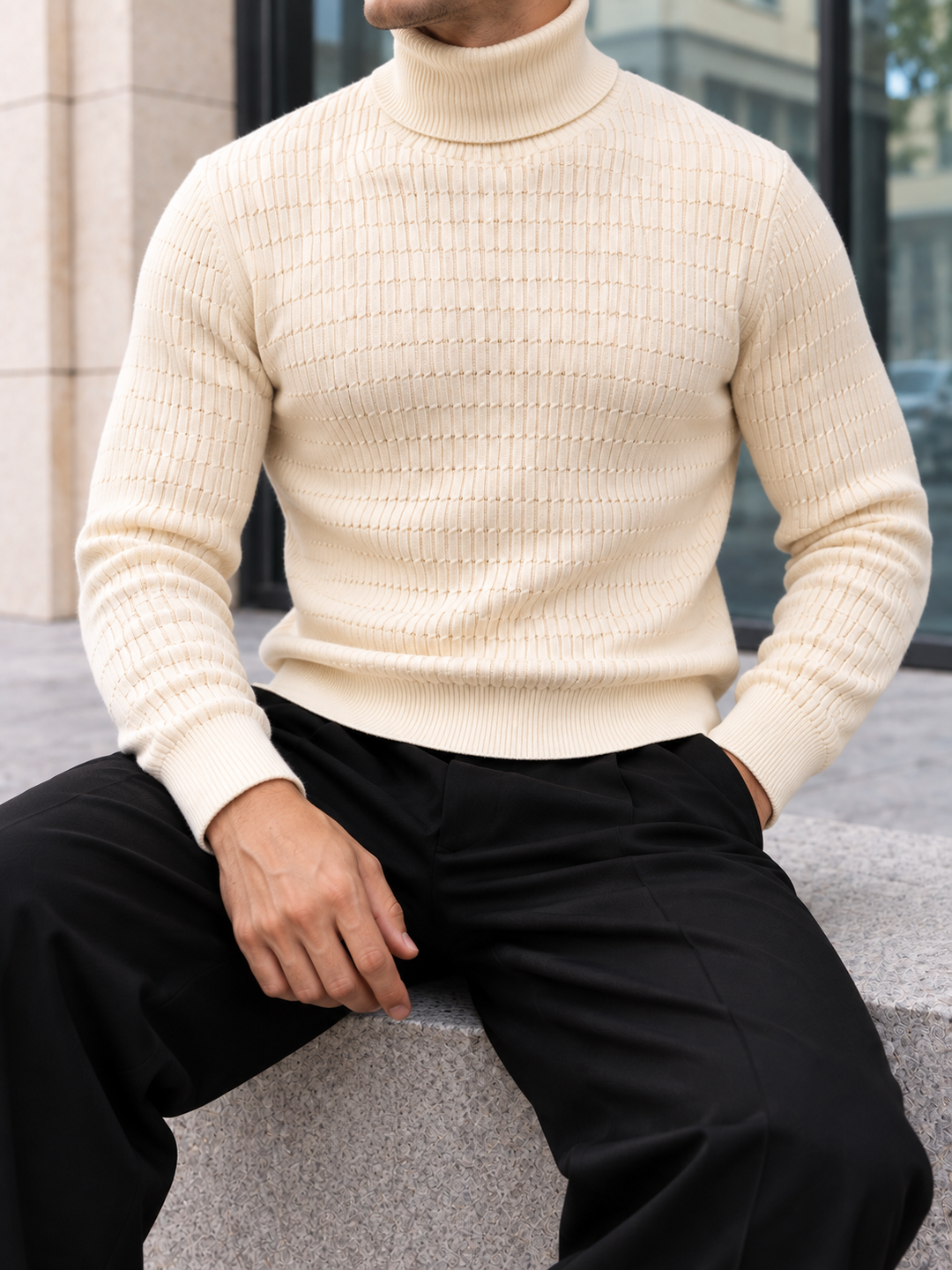 Pull Col Roulé Homme Côtes Verticales En Maille