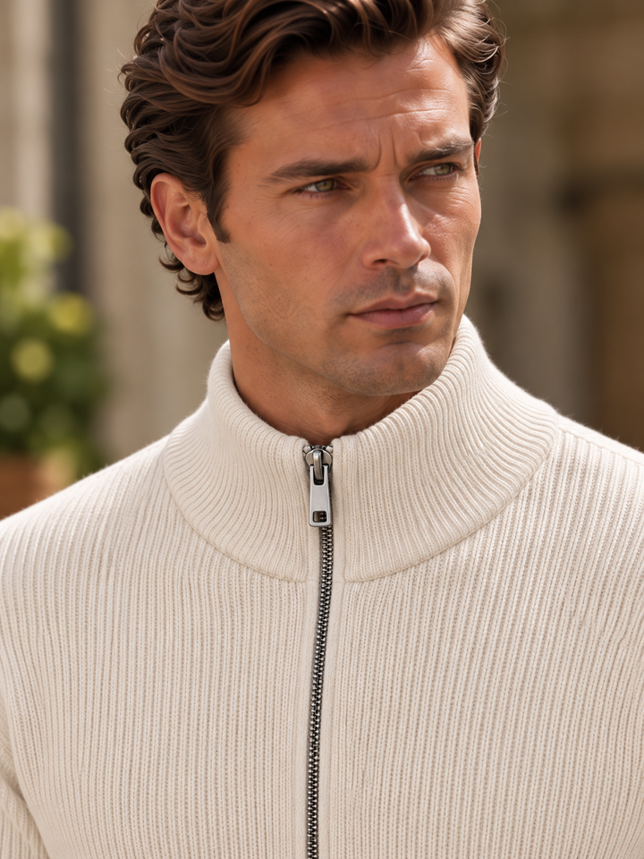 Maglione da uomo in maglia fine con zip integrale, collo rialzato e bordi a coste