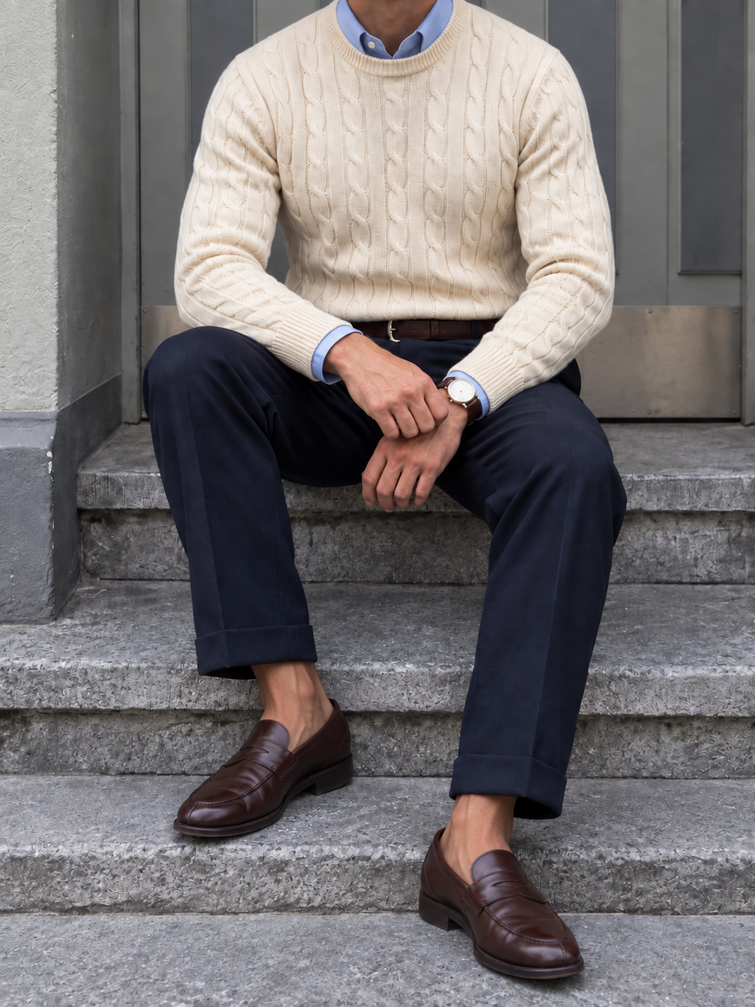 Maglione da uomo in maglia a trecce con girocollo e bordi a coste