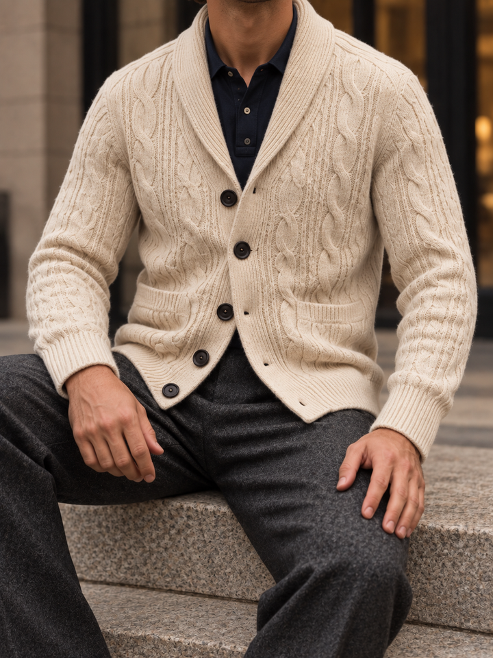 Men's cable-knit shawl-collar cardigan