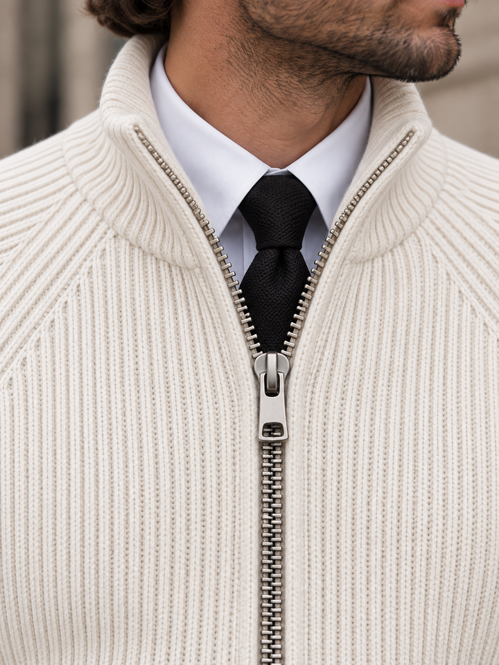 Cardigan Homme Maille Zip Intégral Col Montant Et Bords Côtelés