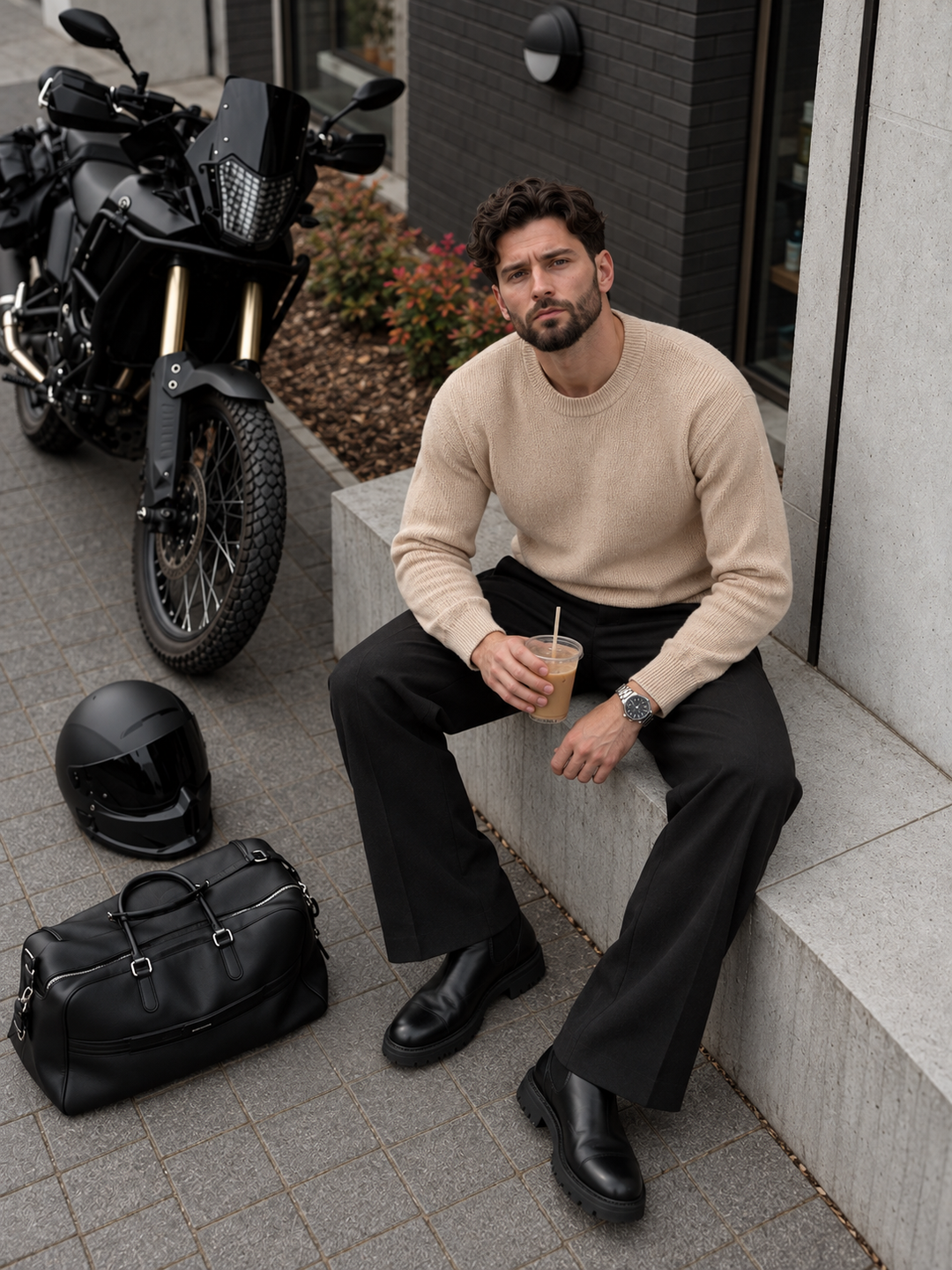 Pullover da uomo in maglia tinta unita con scollo rotondo e bordi a coste