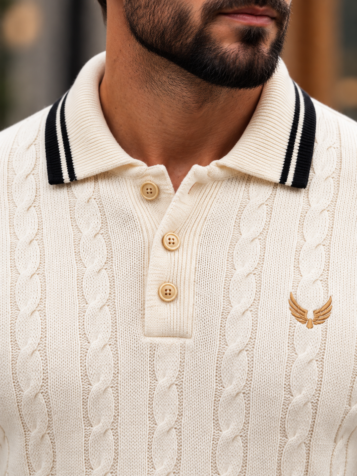 Pull Homme Col Polo Maille Torsadée Avec Liseré Contrastant