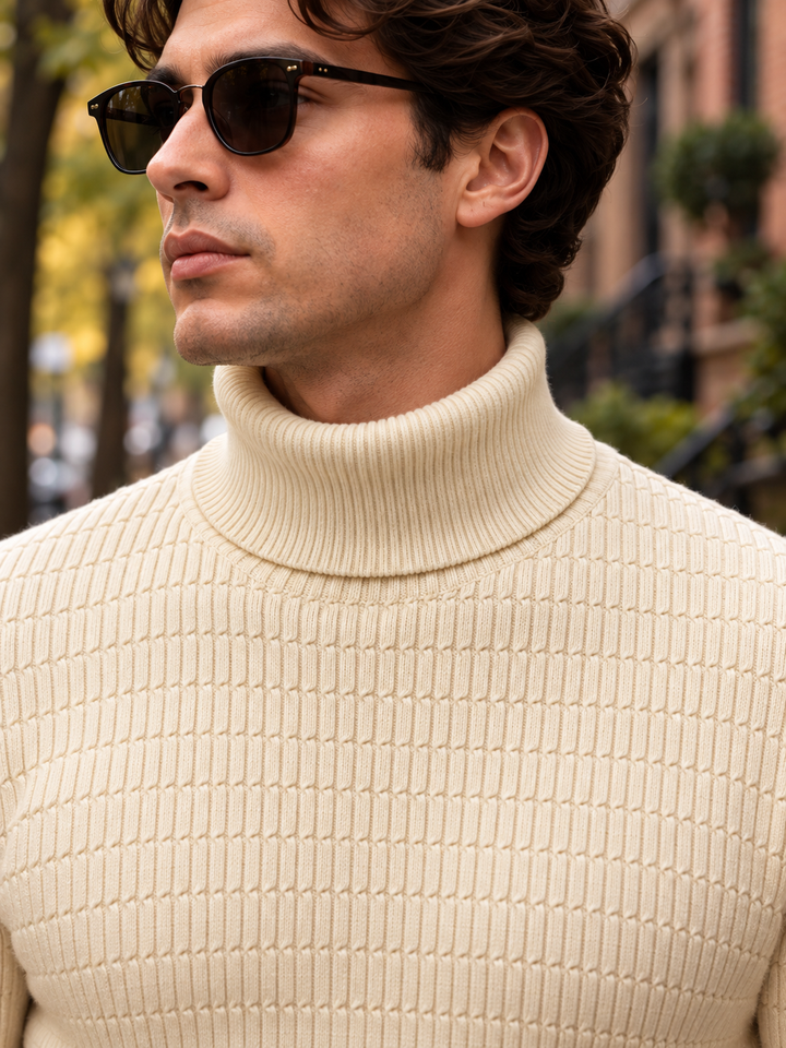 Pull Col Roulé Homme Côtes Verticales En Maille
