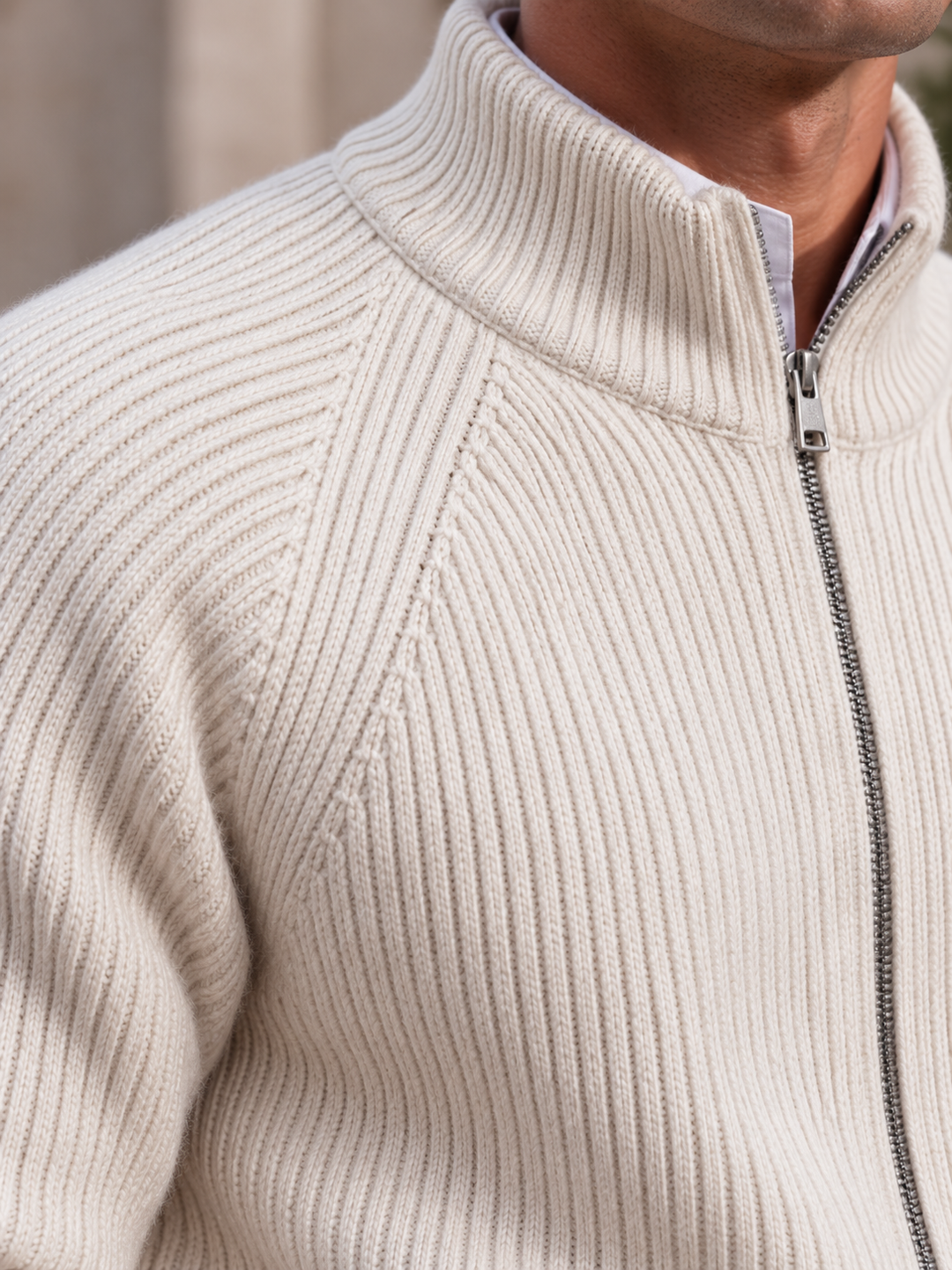 Cardigan Homme Maille Zip Intégral Col Montant Et Bords Côtelés