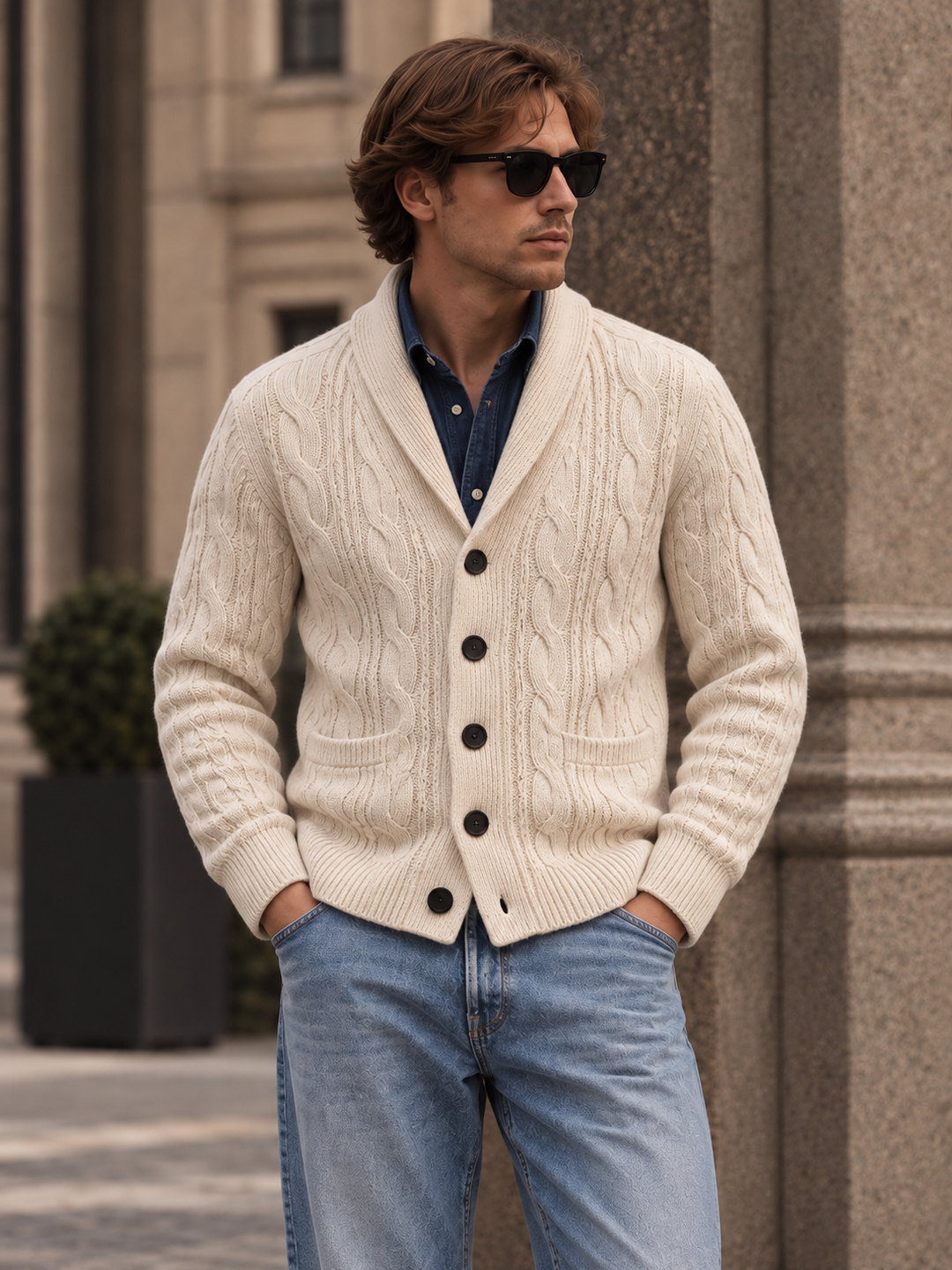 Men's cable-knit shawl-collar cardigan