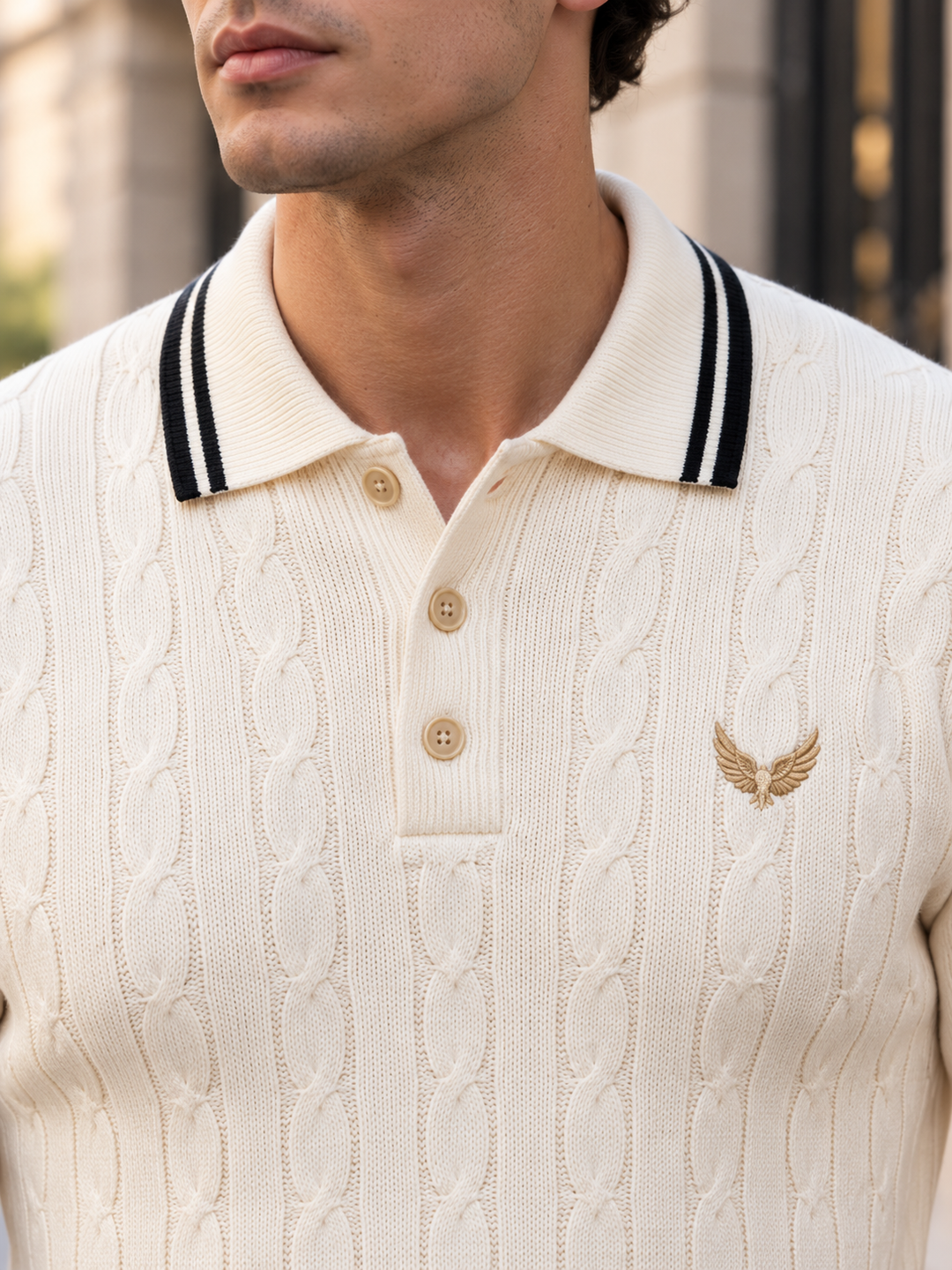 Pull Homme Col Polo Maille Torsadée Avec Liseré Contrastant