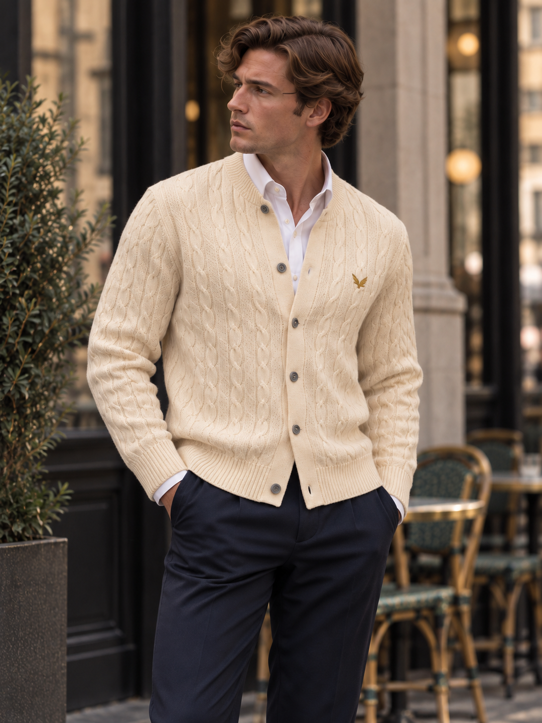 Cardigan da uomo abbottonato in maglia intrecciata