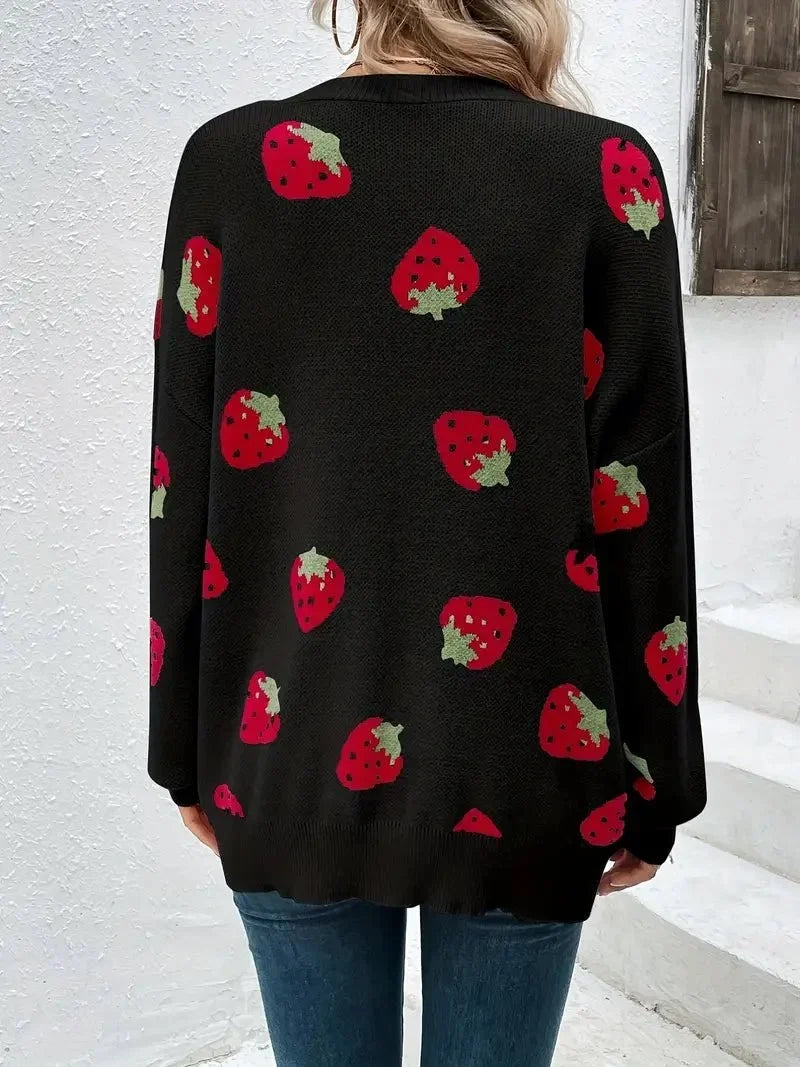 Oversized damesvest van breisel met aardbeienmotief