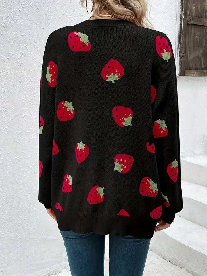 Oversized damesvest van breisel met aardbeienmotief