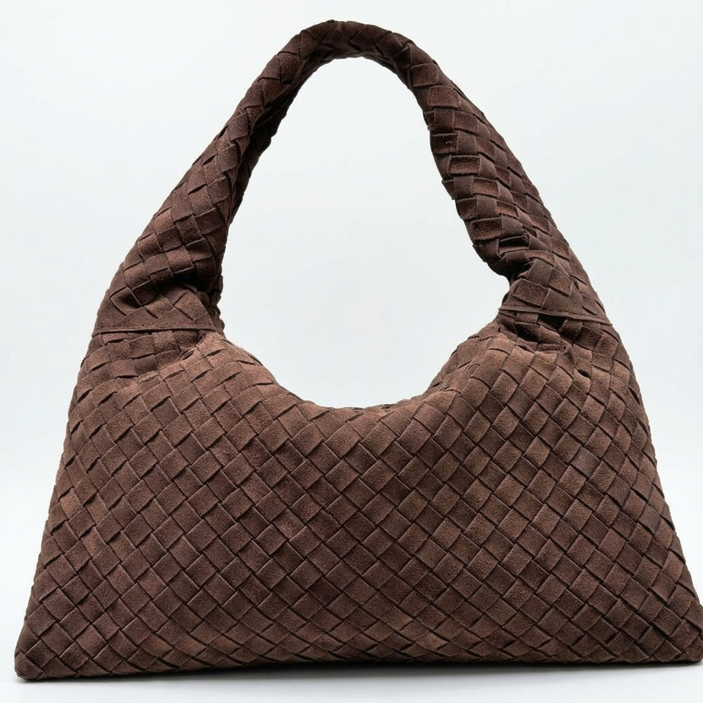 Hobo-Handtasche für Damen aus geflochtenem Wildleder mit breitem Riemen