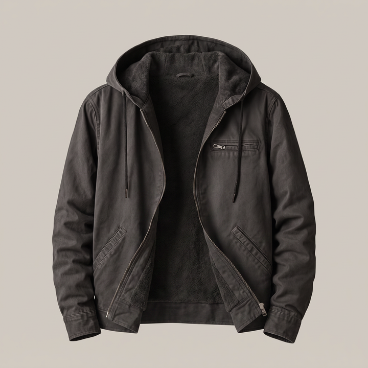 Bomberjacke aus Canvas für Herren mit Sherpa-Futter, Kapuze und Reißverschluss