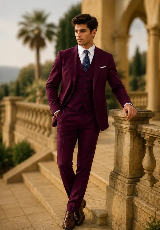 Costume Trois Pièces Homme Coupe Slim Respirant avec Col Notch et Gilet Cinq Boutons