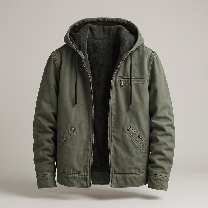 Bomberjacke aus Canvas für Herren mit Sherpa-Futter, Kapuze und Reißverschluss