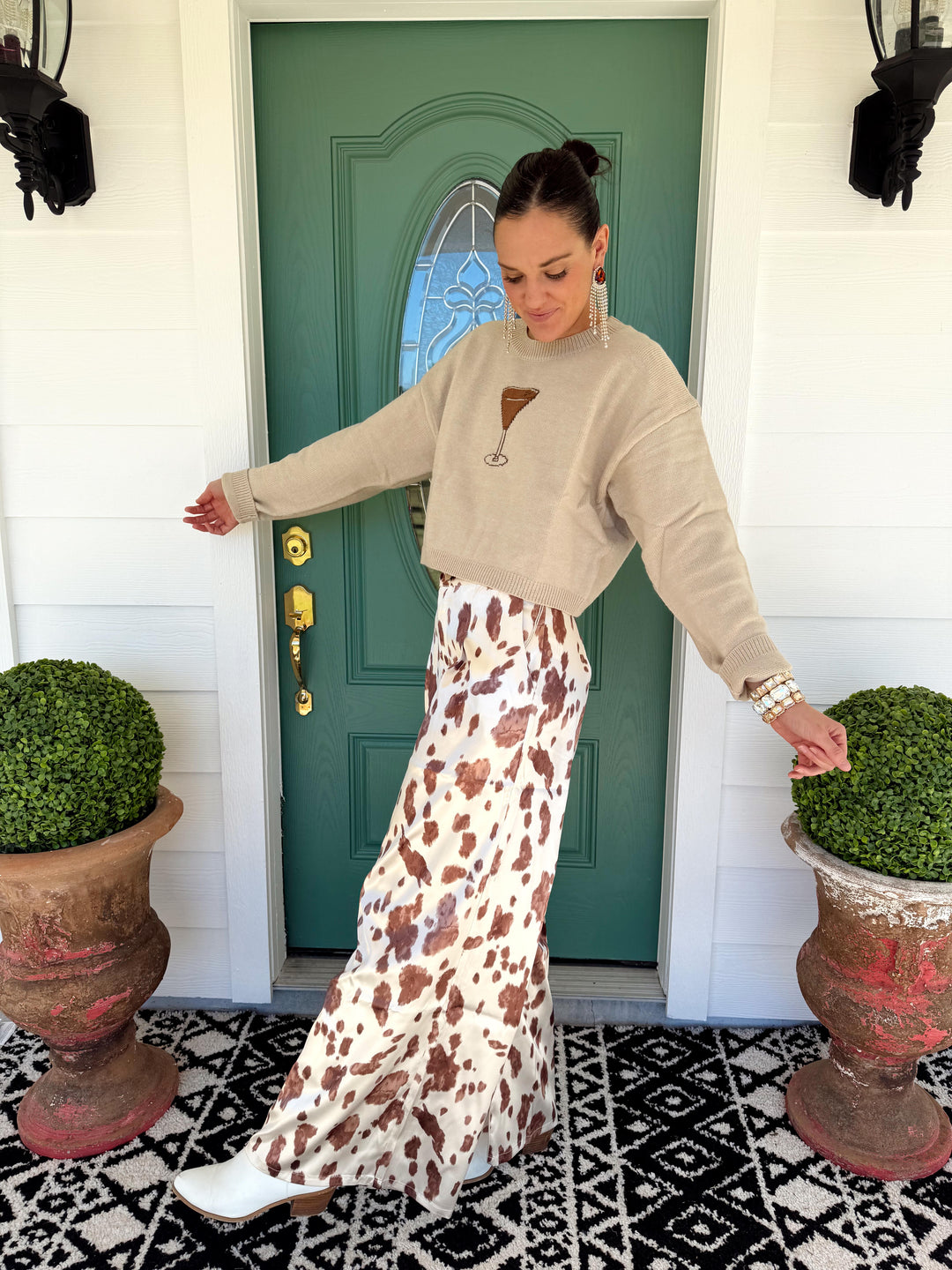 Pantalon Satin Femme – Imprimé Vache Marron à Boutons