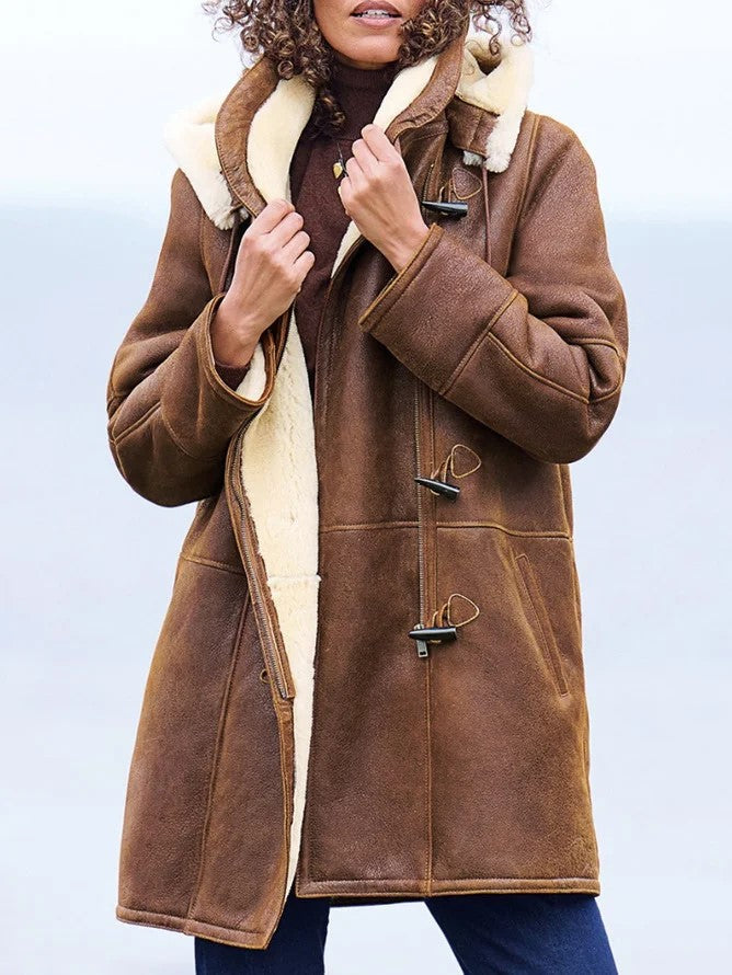 Veste en Cuir d'Agneau Véritable pour Femme Marron avec Capuche et Col en Fausse Fourrure