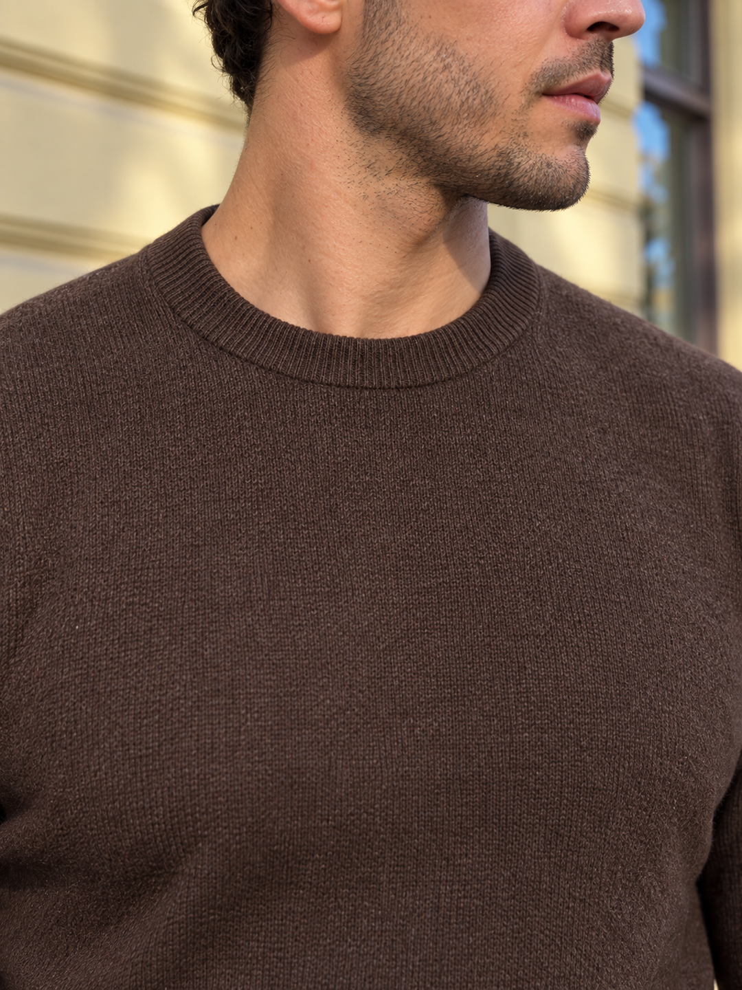 Pullover da uomo in maglia tinta unita con scollo rotondo e bordi a coste