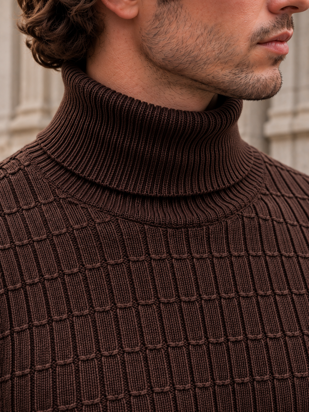 Pull Col Roulé Homme Côtes Verticales En Maille