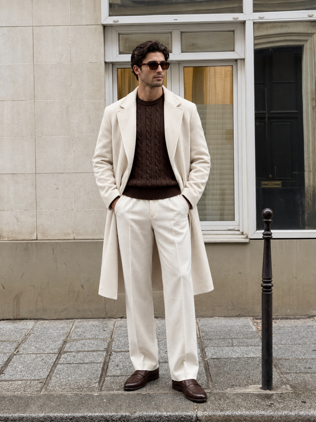 Maglione da uomo in maglia a trecce con girocollo e bordi a coste