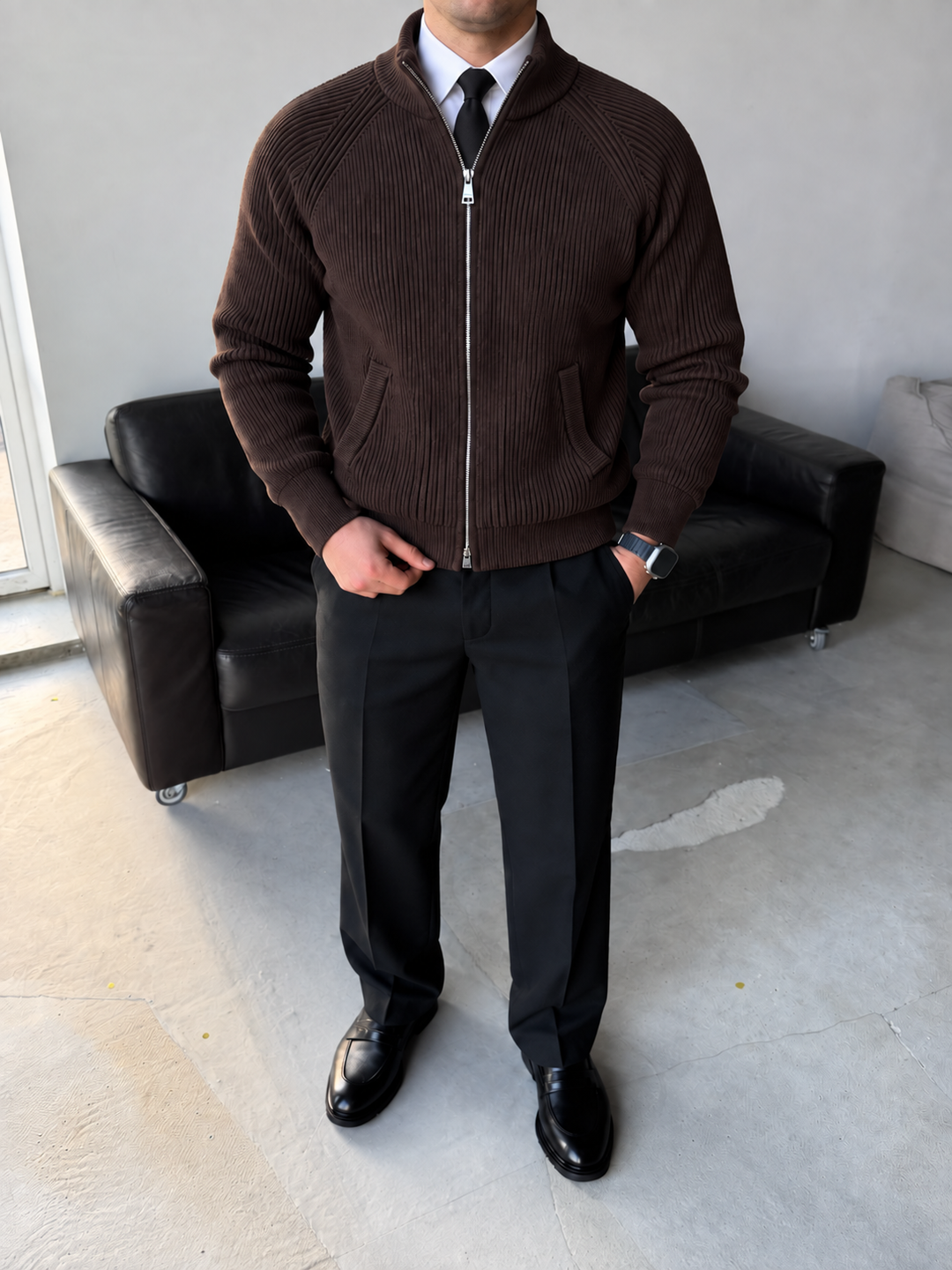 Cardigan Homme Maille Zip Intégral Col Montant Et Bords Côtelés