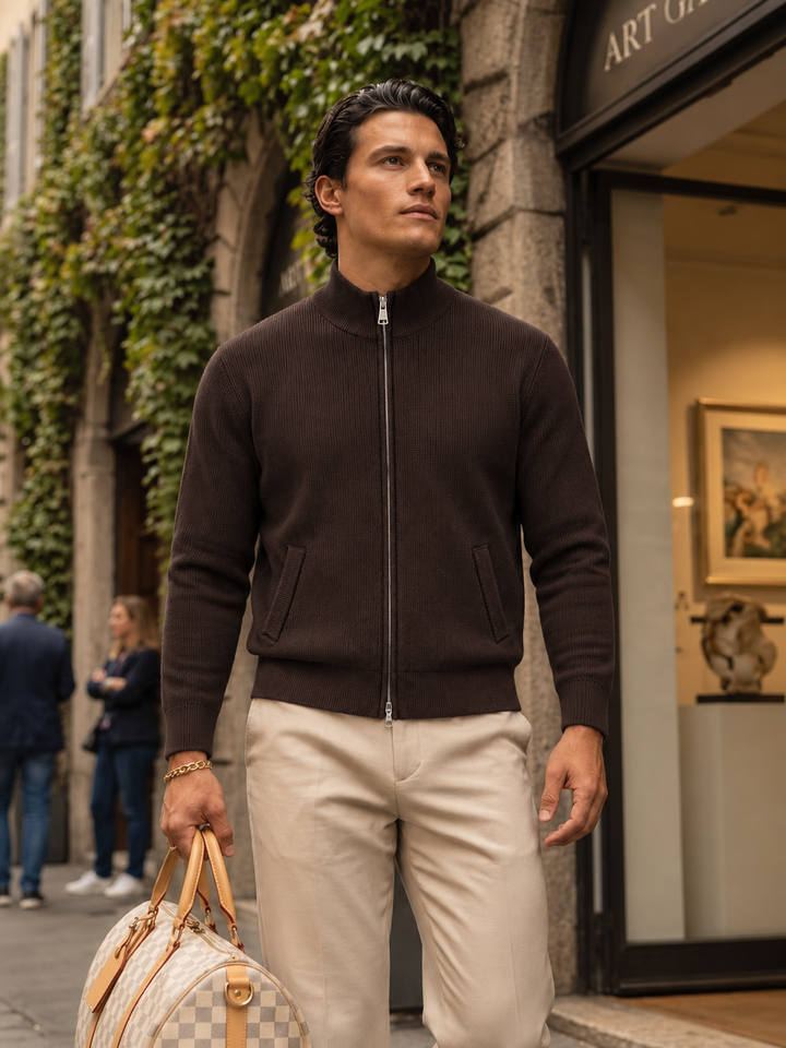 Maglione da uomo in maglia fine con zip integrale, collo rialzato e bordi a coste