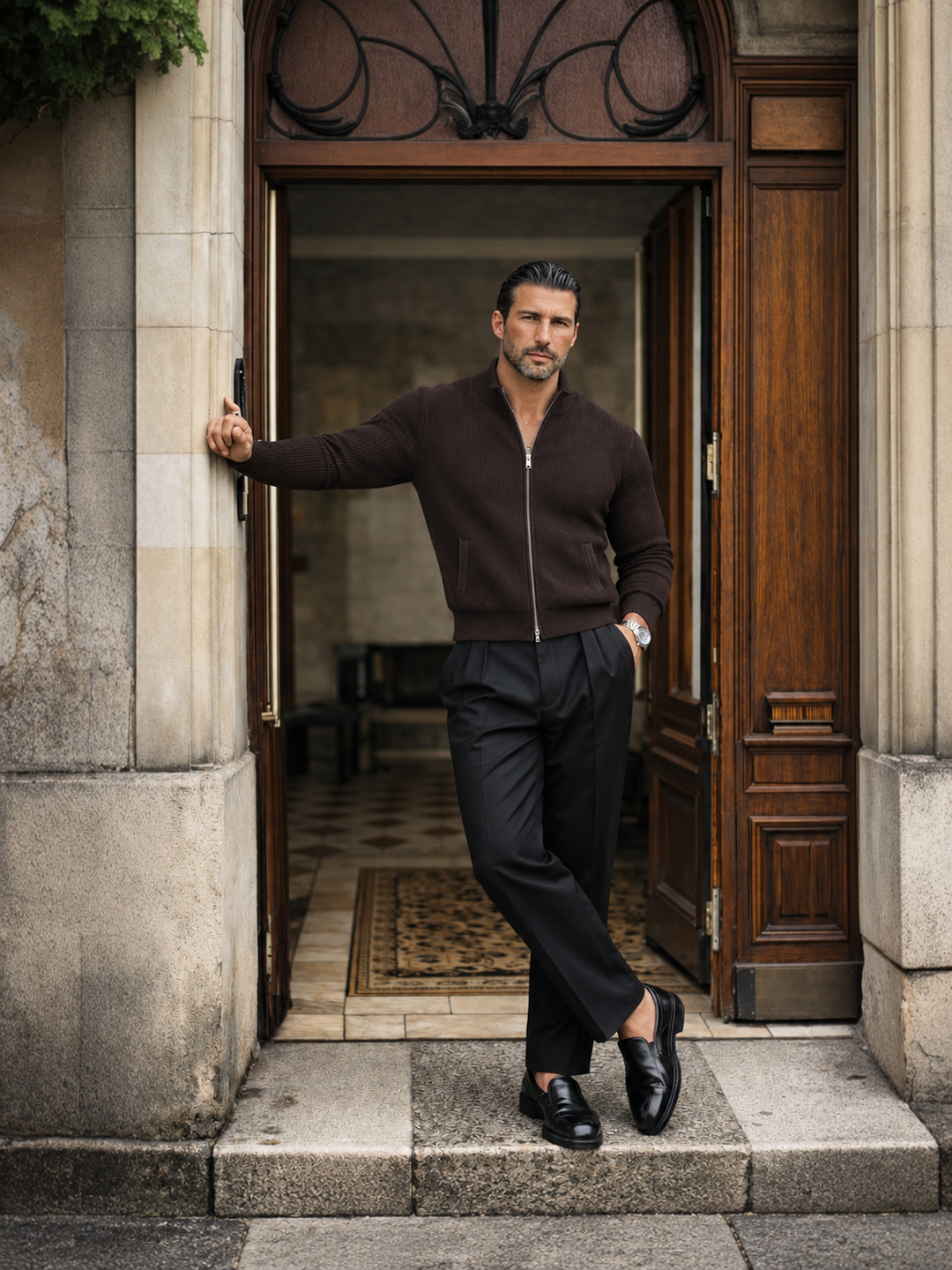 Maglione da uomo in maglia fine con zip integrale, collo rialzato e bordi a coste