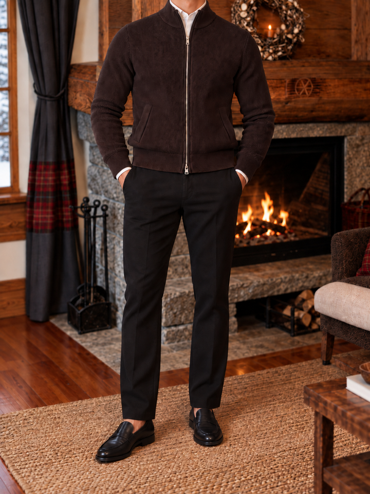 Maglione da uomo in maglia fine con zip integrale, collo rialzato e bordi a coste