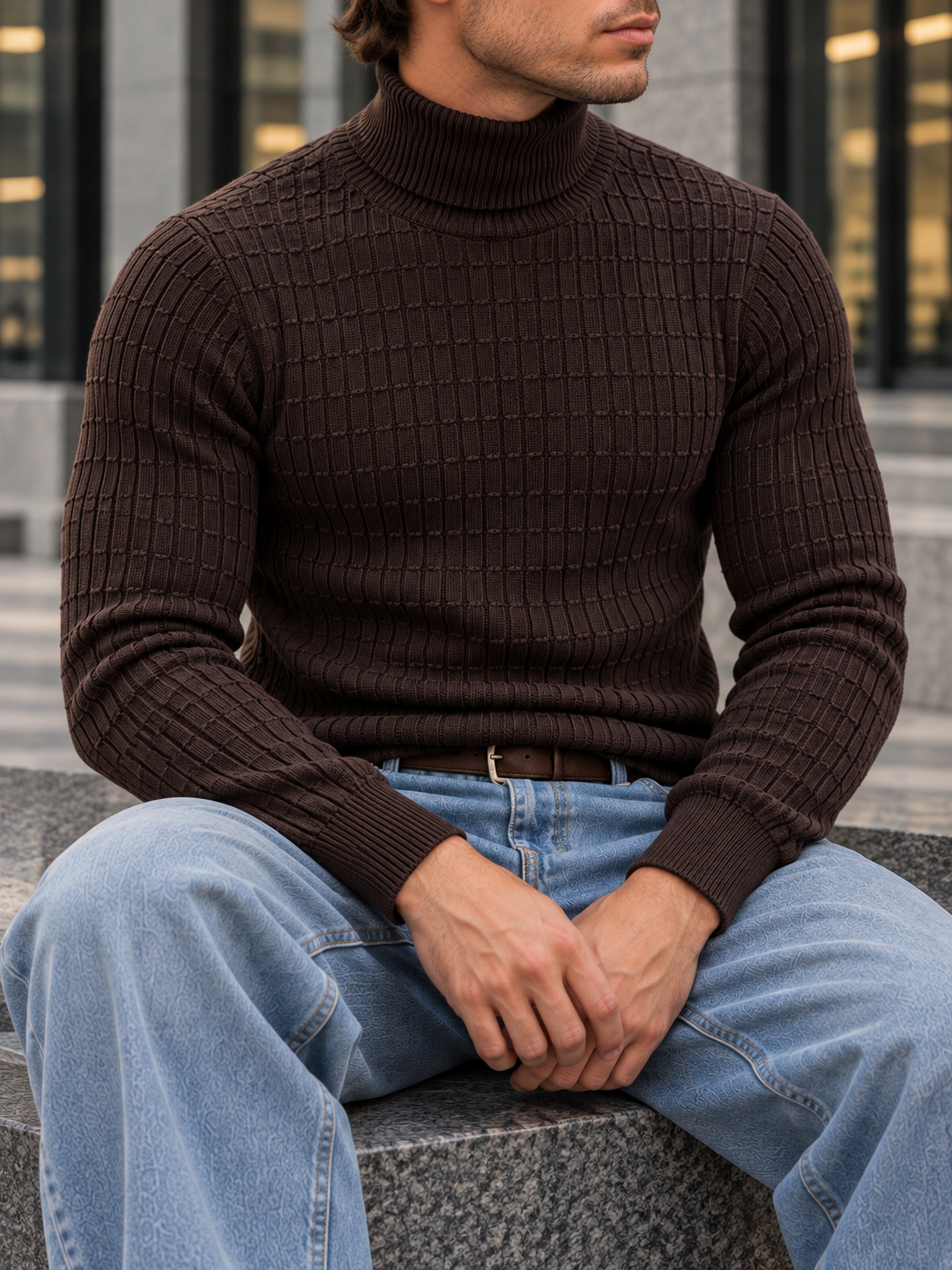 Pull Col Roulé Homme Côtes Verticales En Maille