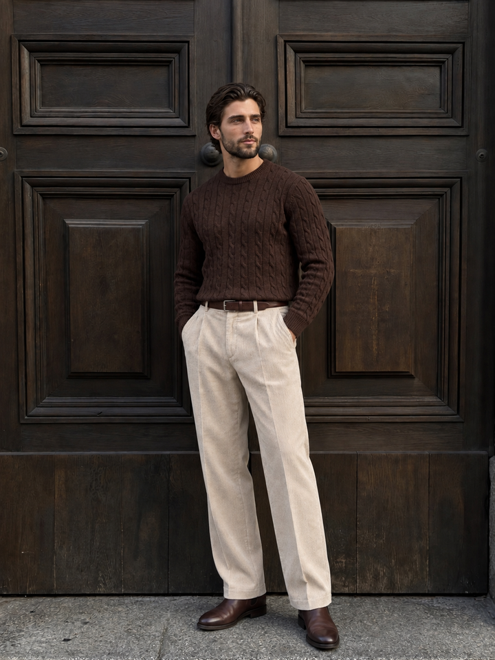 Maglione da uomo in maglia a trecce con girocollo e bordi a coste