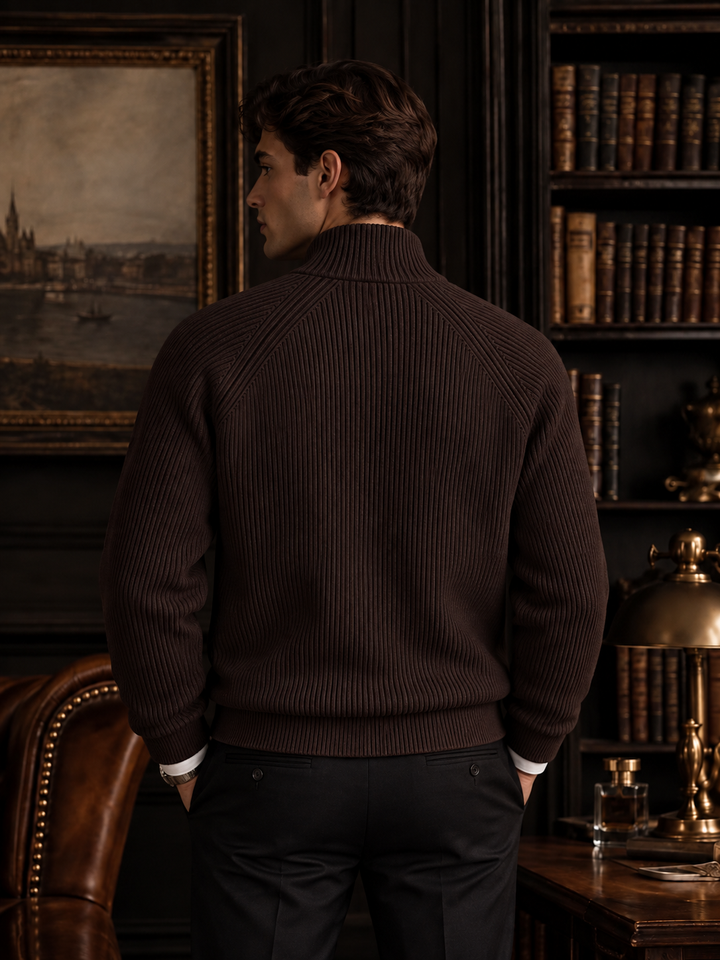 Cardigan Homme Maille Zip Intégral Col Montant Et Bords Côtelés