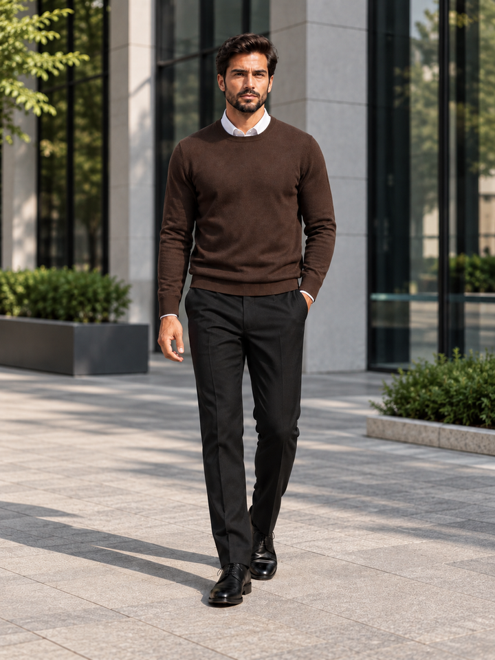 Pullover da uomo in maglia tinta unita con scollo rotondo e bordi a coste