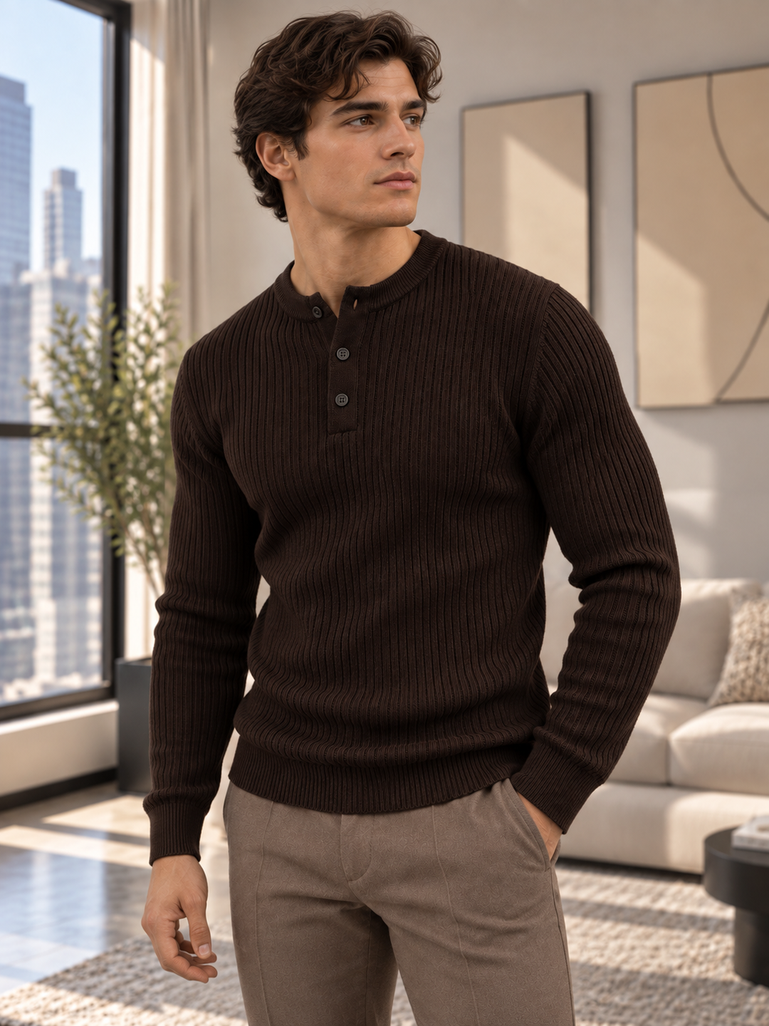 Maglione da uomo in maglia a coste con colletto abbottonato e maniche lunghe