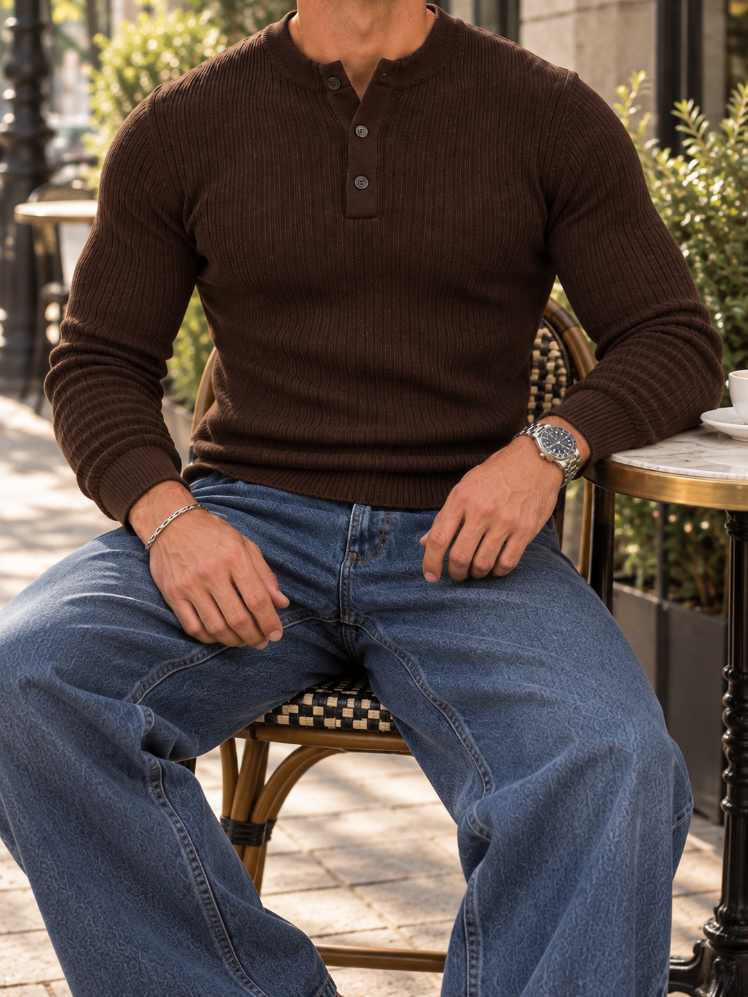 Maglione da uomo in maglia a coste con colletto abbottonato e maniche lunghe