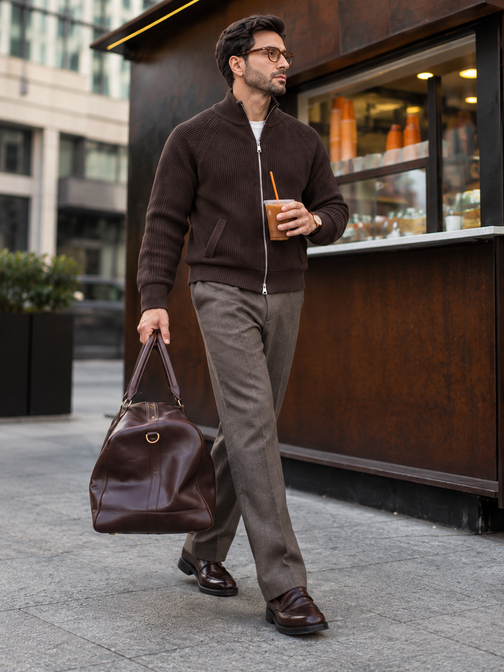 Cardigan Homme Maille Zip Intégral Col Montant Et Bords Côtelés