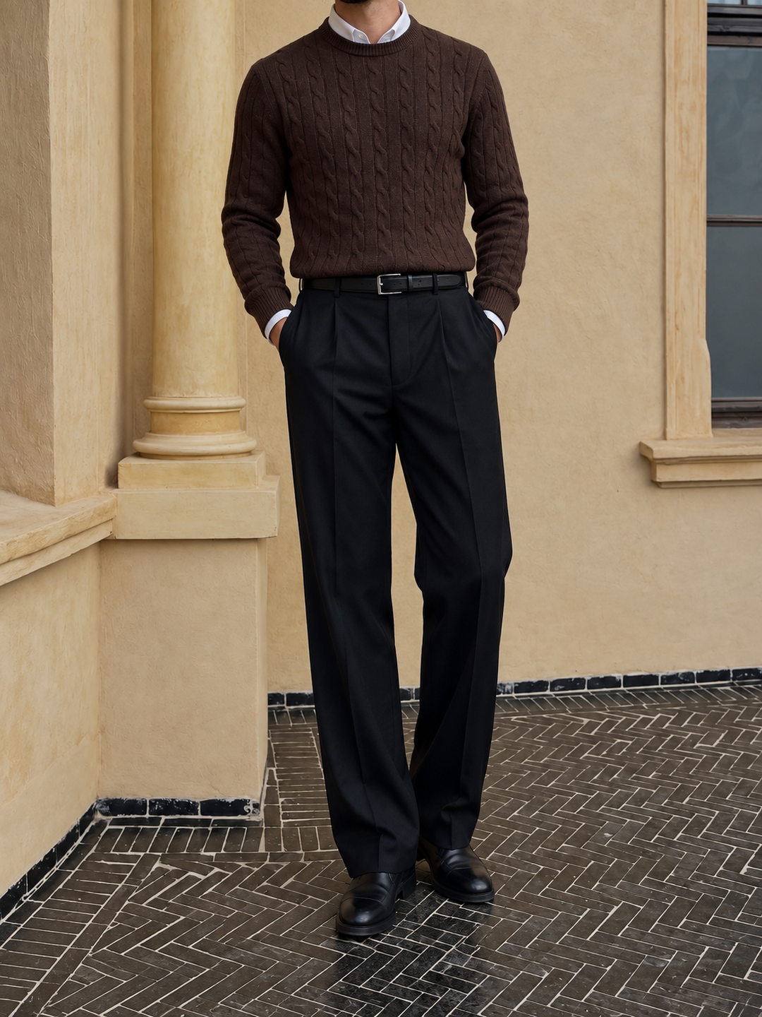 Maglione da uomo in maglia a trecce con girocollo e bordi a coste