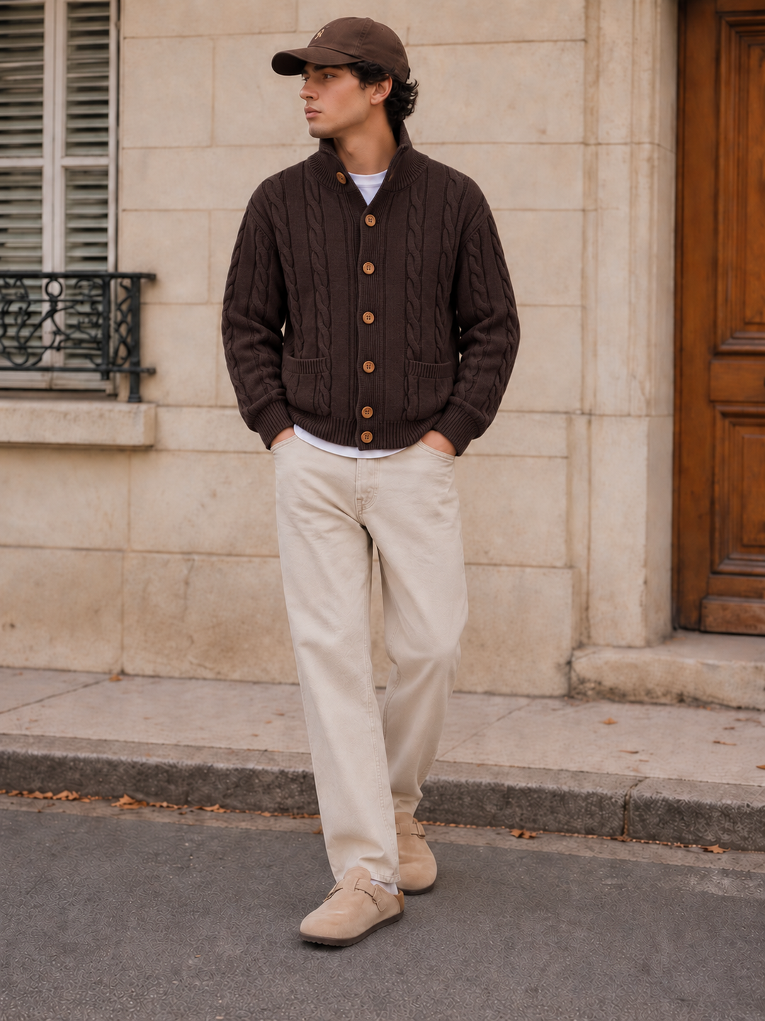 Cardigan Homme Maille Torsadée Boutonné Avec Petit Col Montant