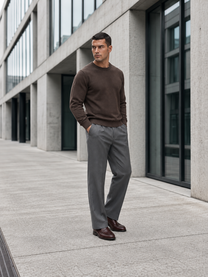 Pullover da uomo in maglia tinta unita con scollo rotondo e bordi a coste